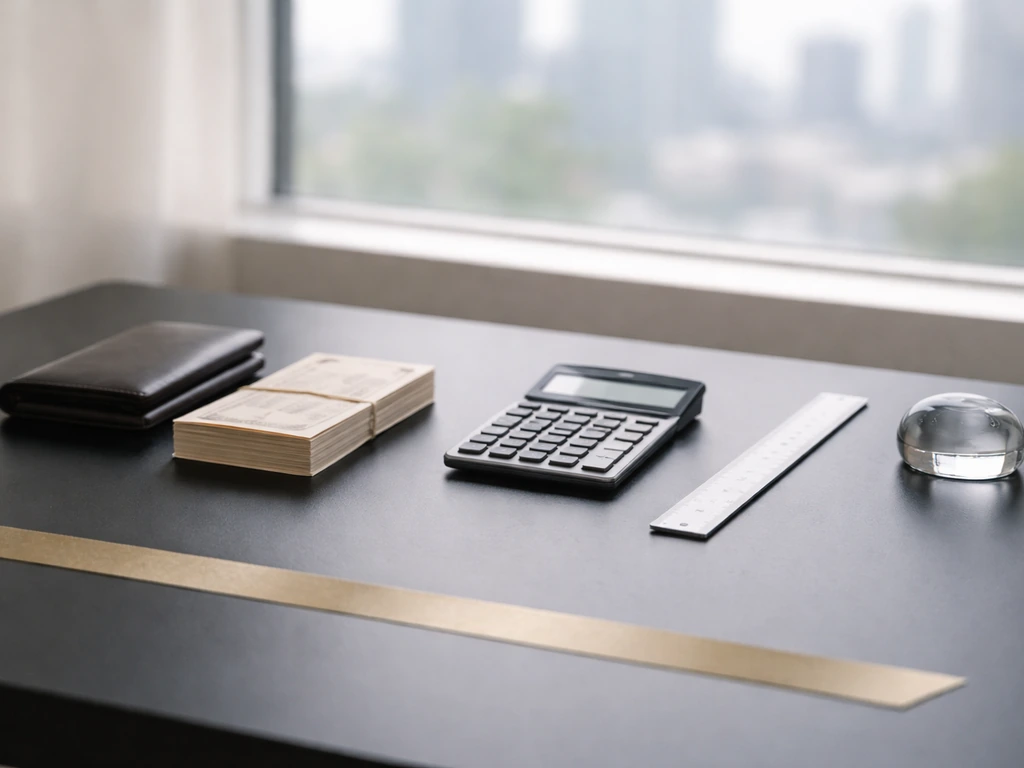 Minimal finance desk with calculator, wallet, and gold ribbon symbolizing a lower-to-upper net-worth range.