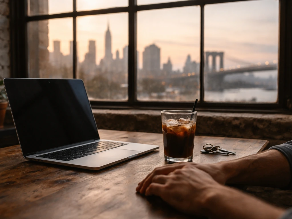 Brooklyn warehouse office desk with a laptop, coffee, and a view of distant NYC skyline at dusk.