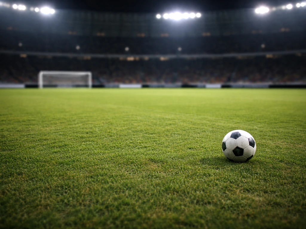 Football stadium lights and an empty pitch with a focus on midfield action atmosphere