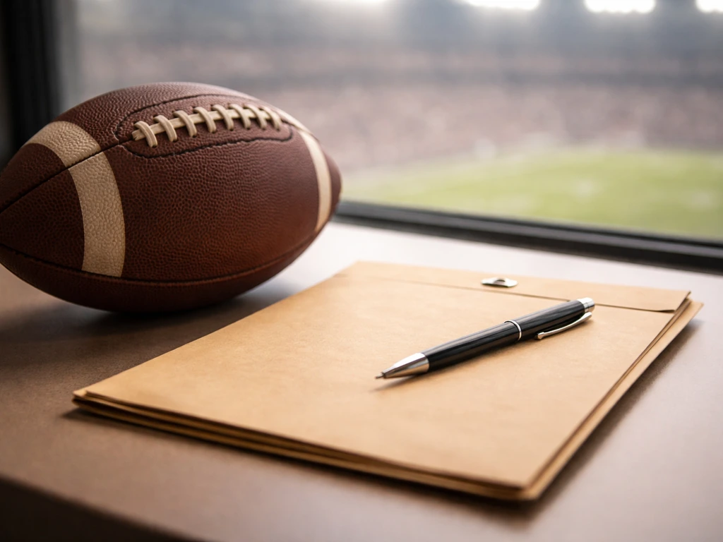 Close-up of a football and a sealed contract folder on a desk with a blurred stadium background.
