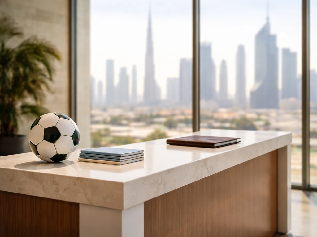 Minimal Dubai football academy lobby with a football and desk items, warm light, skyline through glass.