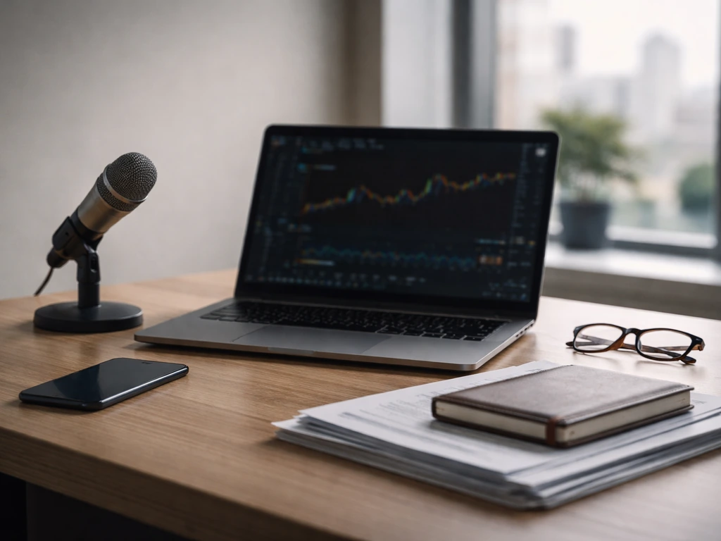 Minimal office desk scene with a laptop and smartphone, suggesting FX/CFD financial analysis and wealth estimation.