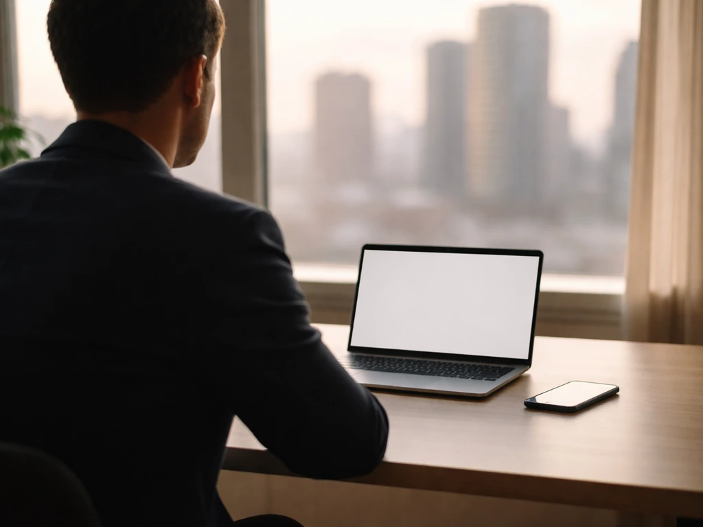 Anonymous business professional at a quiet desk with blurred city skyline, suggesting financial brokerage context.