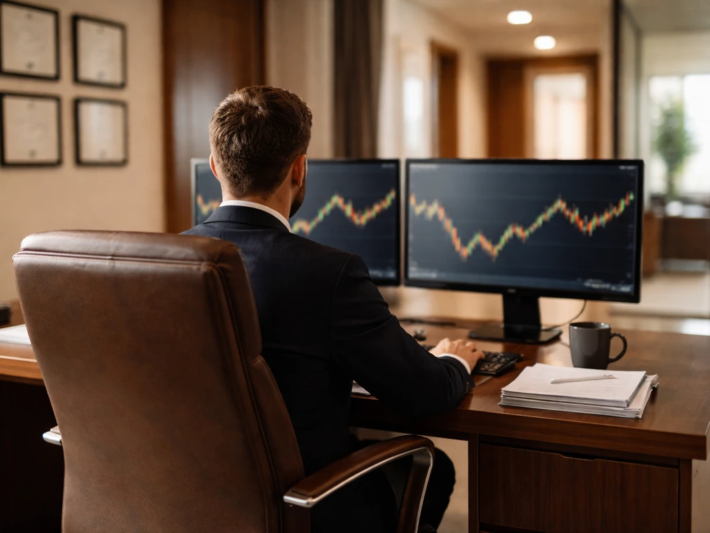 Anonymous broker in a minimal office with monitors showing blurred market lines, warm natural light