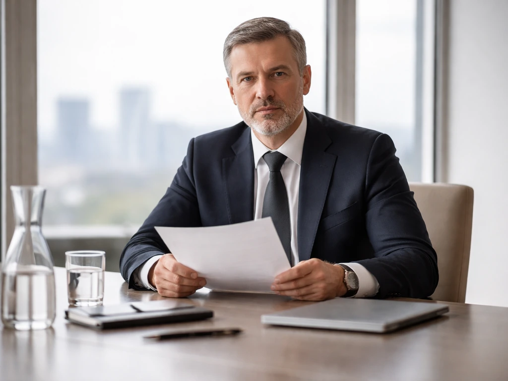 Anonymous executive in a boardroom reviewing papers beside a laptop, symbolizing long-tenure leadership