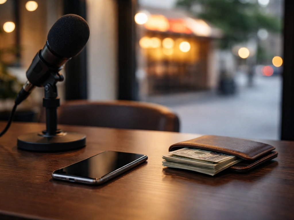 Anonymous desk with microphone and phone, cash and city lights symbolizing business wealth analysis.