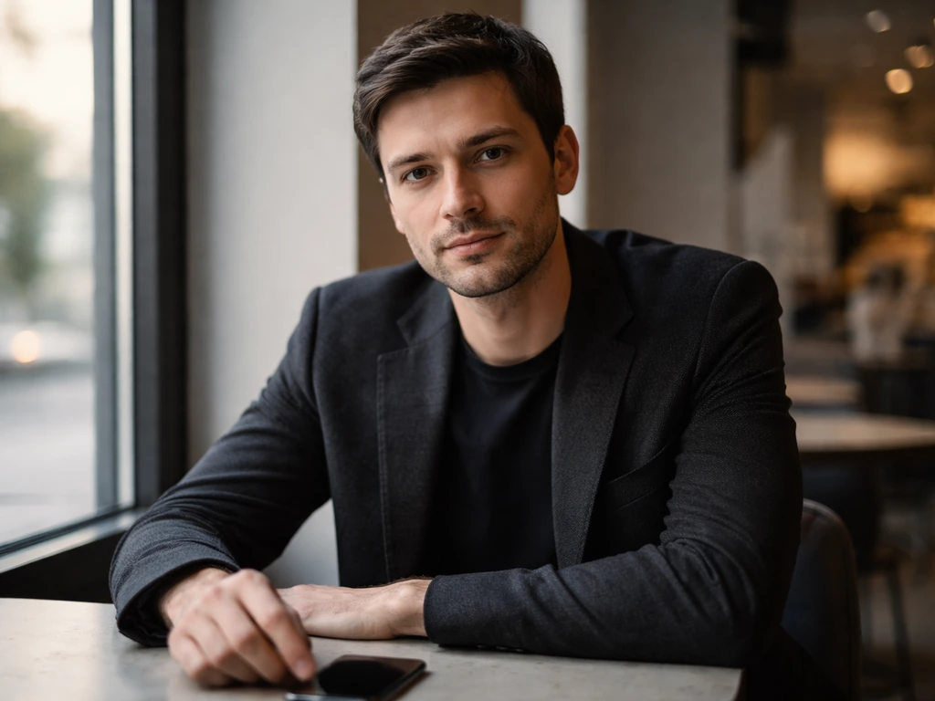 Anonymous Russian business founder-type seated in a bright cafe window light.