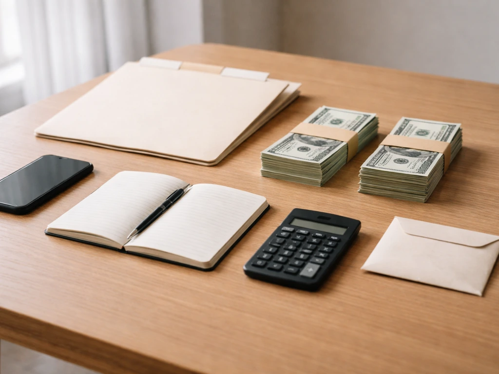 Minimal office desk with calculator and neatly stacked cash, suggesting equity plus withdrawals model.