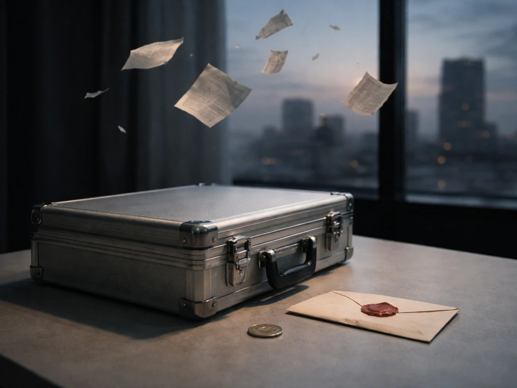 Closed metal briefcase with ruble coin and sealed envelope on a minimal desk against a dusk city view.