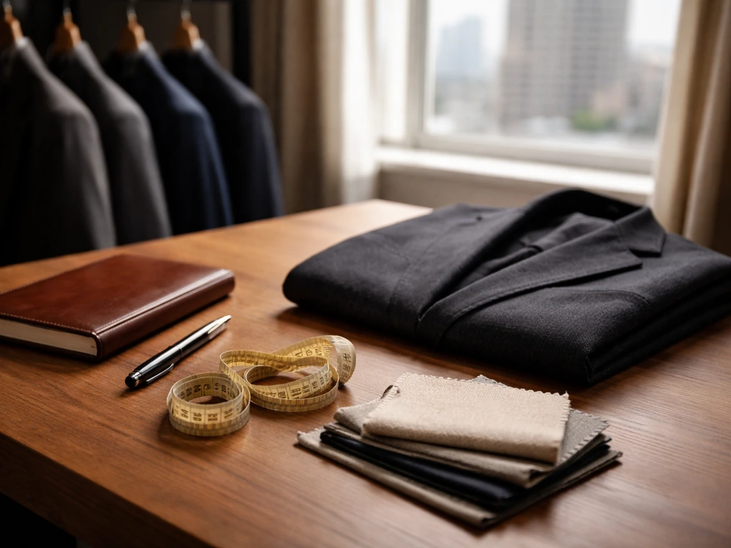 Luxury men’s tailoring workspace with blazer, tape measure, and leather notebook in natural light.