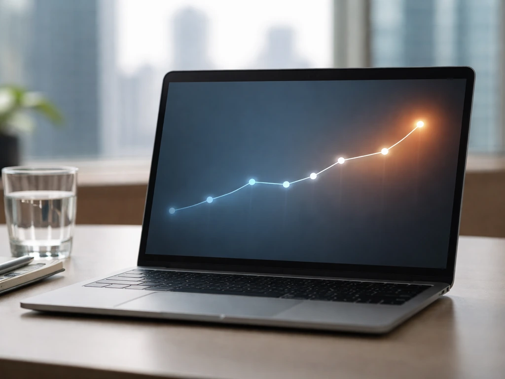 Laptop on a desk showing an abstract finance trend timeline, symbolizing a net worth estimate over time.
