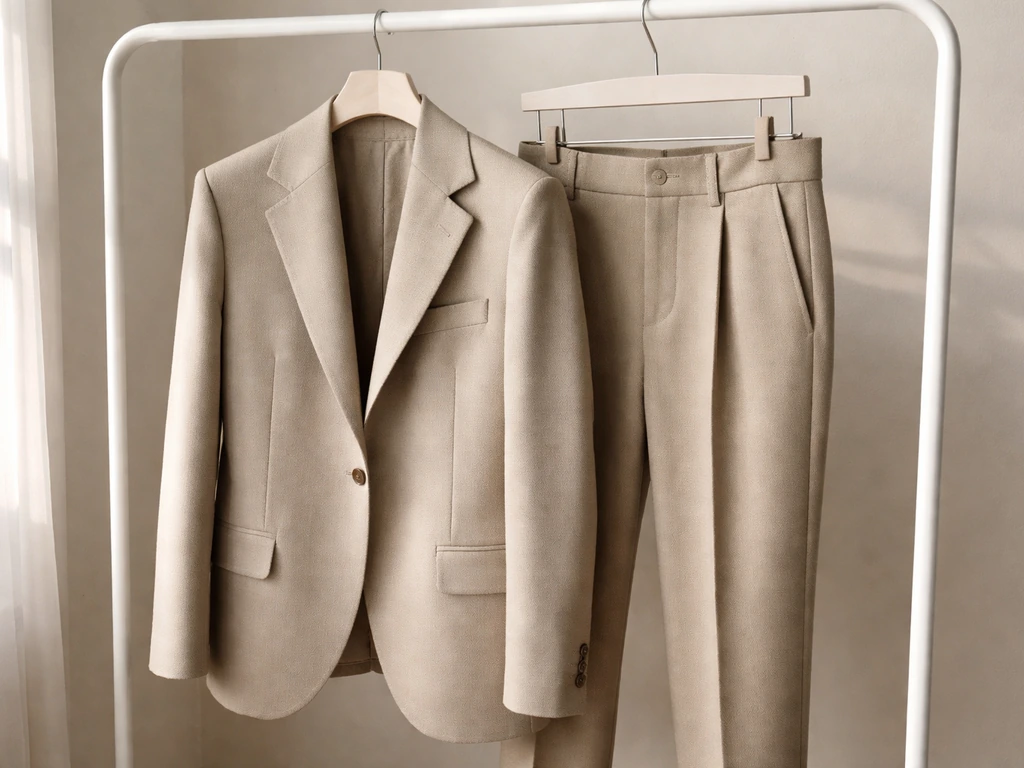 Closeup of elegant genderless menswear-womenswear garments hanging on a rack, highlighting fabric and tailoring.