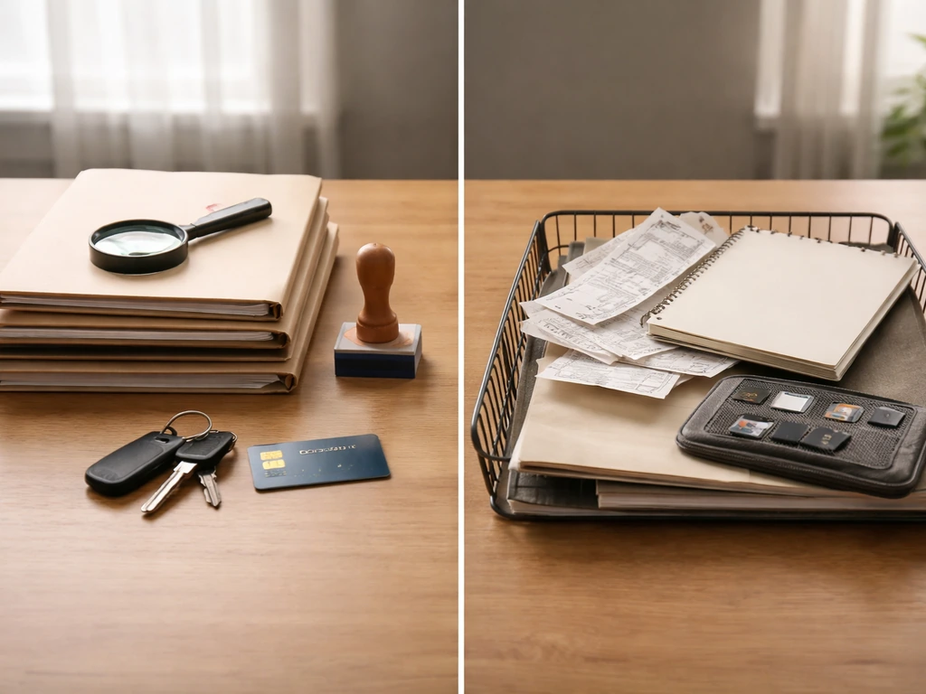 Desk with neat verified items on one side and scattered uncertain media/records on the other.