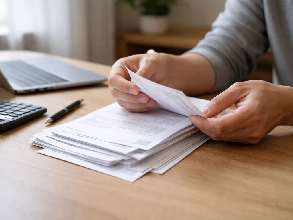 Hands sorting bank statements and receipts beside a laptop in a quiet home office
