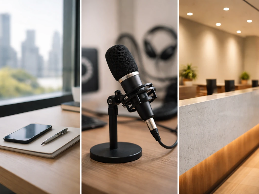 Three distinct office/media/finance settings shown without people to suggest identity disambiguation.