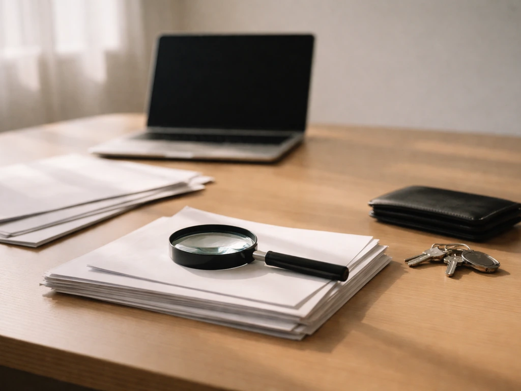 Minimal office desk with scattered documents, a closed laptop, and a magnifying glass over keys and a wallet