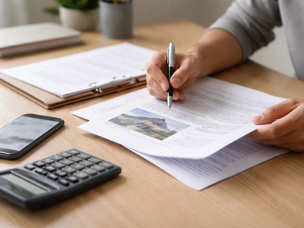 Person reviewing property and business paperwork on a desk with a phone and calculator