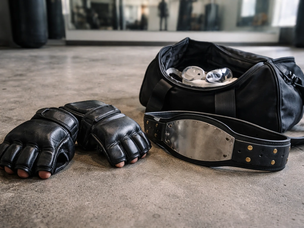 UFC-style MMA training gloves and a championship belt-like strap on a gym floor near an open duffel bag