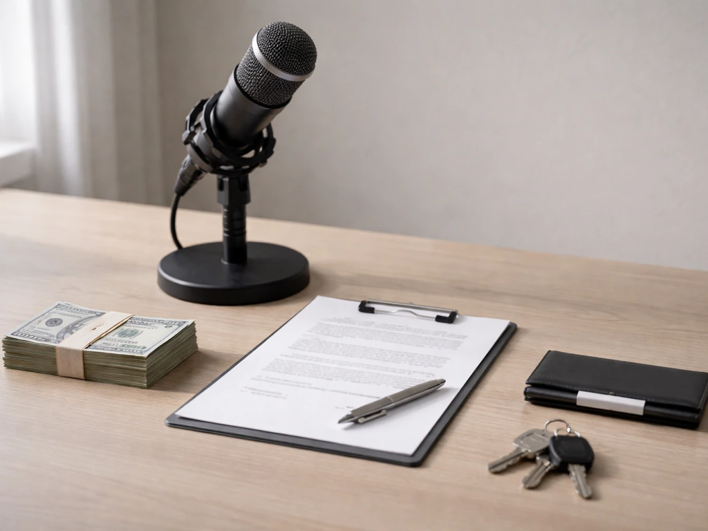 UFC-style income concept shown with a simple desk scene: money notes, a mic, and contract papers
