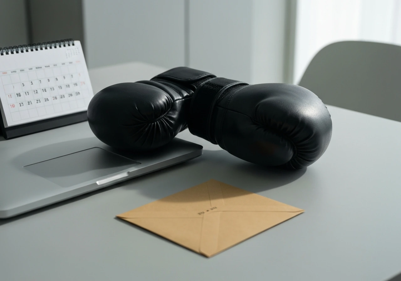 Minimal desk scene with UFC-style boxing glove beside a laptop, suggesting disclosed purse progression timeline.