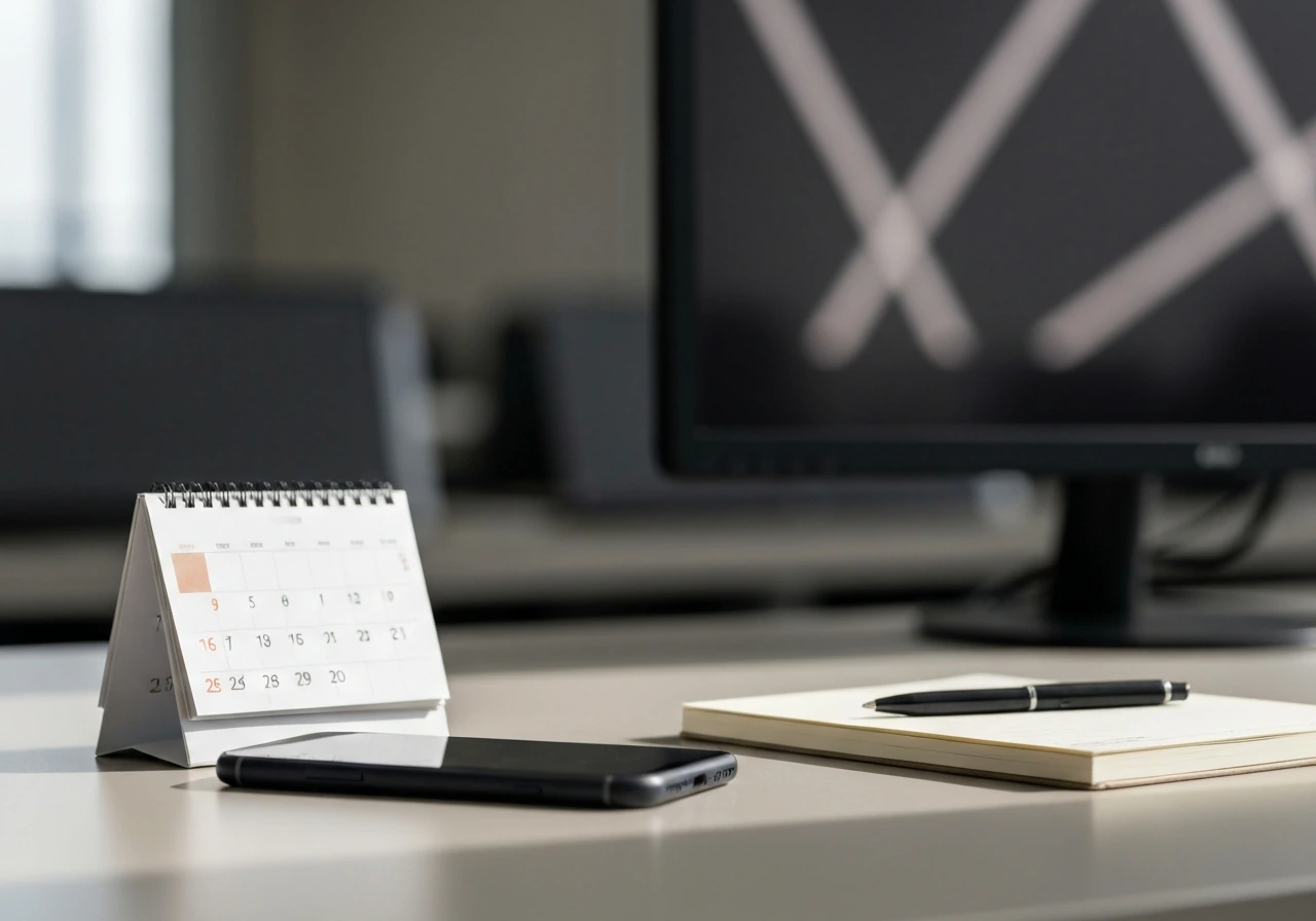 Minimal office scene with a smartphone and calendar, symbolizing tracking updates over time.