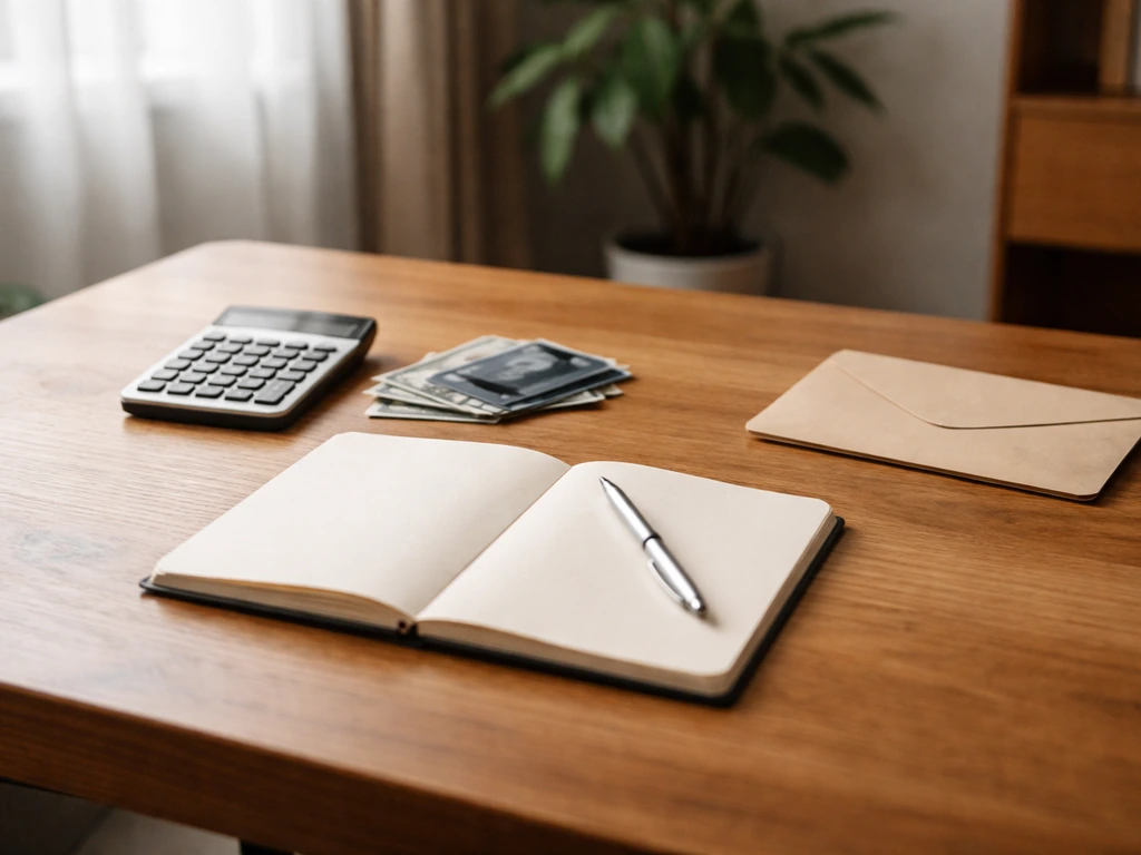 Minimal photo of an open notebook beside a calculator, cash and bank cards, suggesting assets minus liabilities