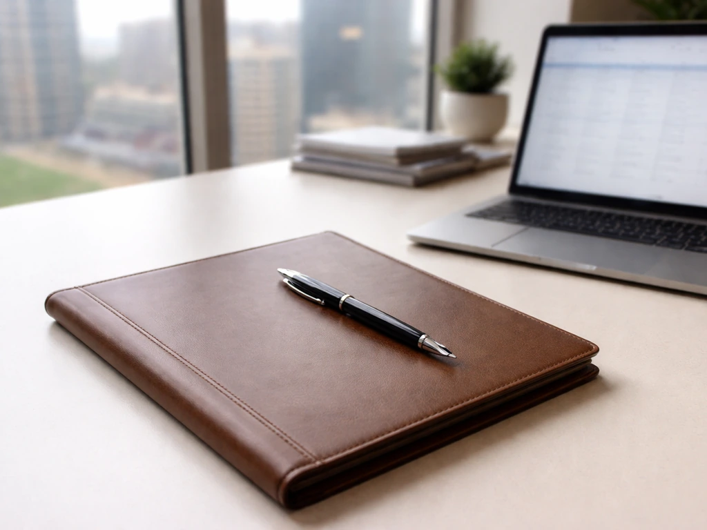 Minimal office scene with a contract folder, pen, and a laptop showing a blurred spreadsheet-like view.