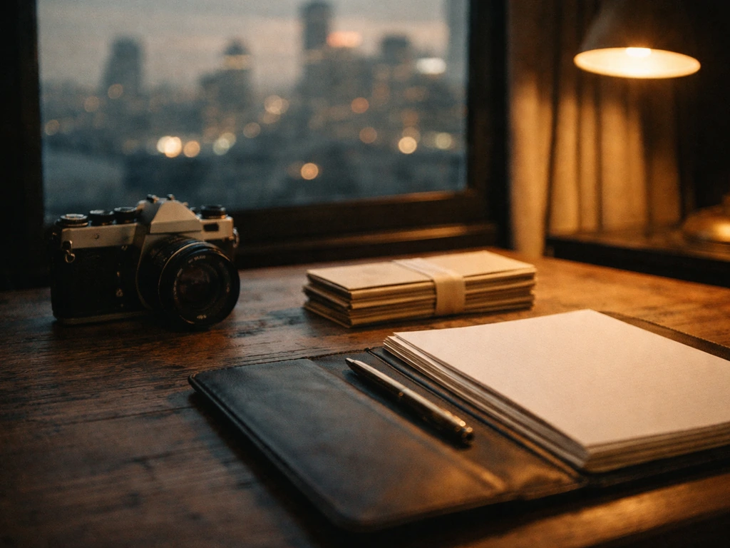 Dim archive-style desk scene with a vintage movie camera and scattered currency envelopes, symbolizing wealth search