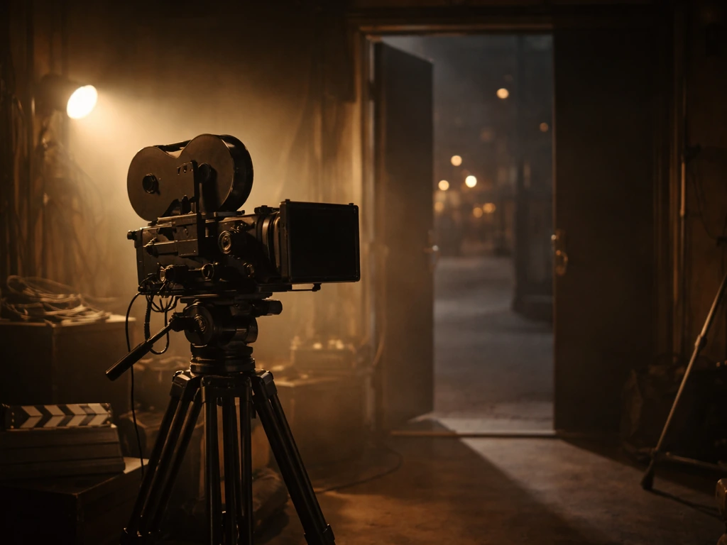 Unoccupied 1980s film set interior with a camera on a tripod and muted city light outside