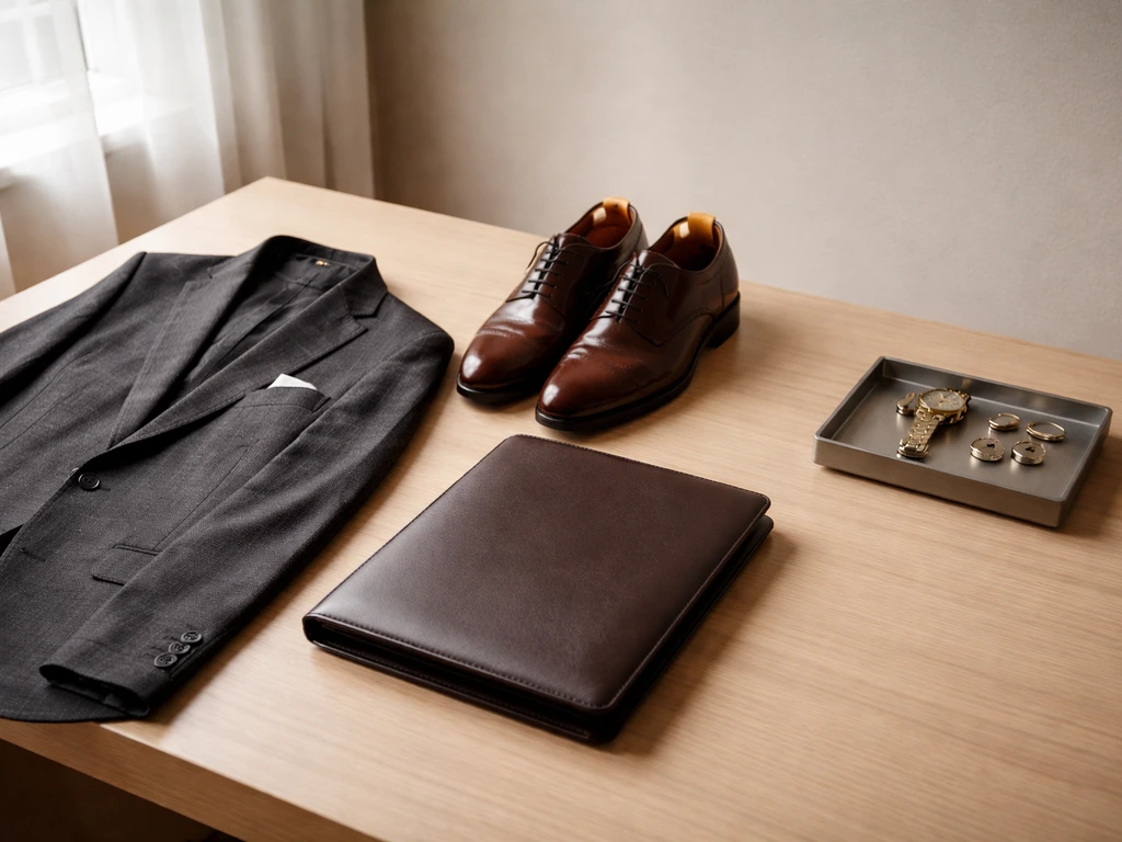 Luxury fashion desk with a tailored jacket, leather shoes, leather portfolio, and accessory tray.