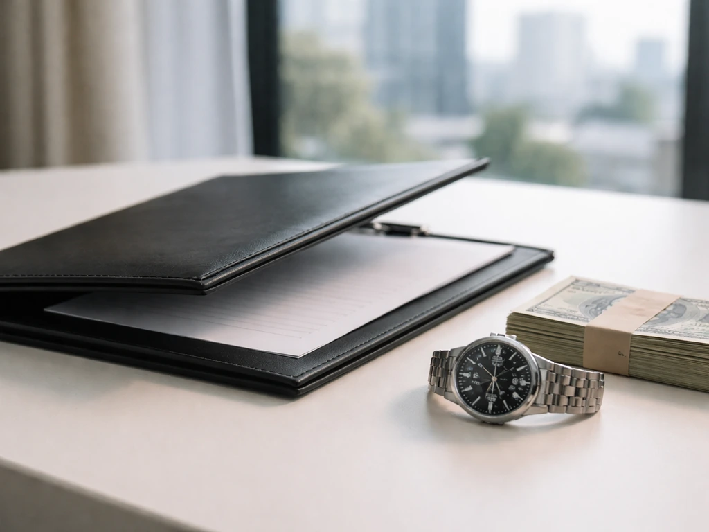 Close-up of a business contract folder with a luxury watch and cash stack on a desk