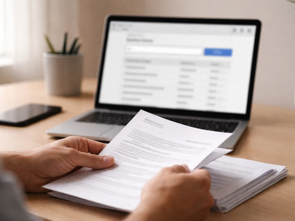 Hands reviewing documents beside a laptop showing a blurred business registry search page