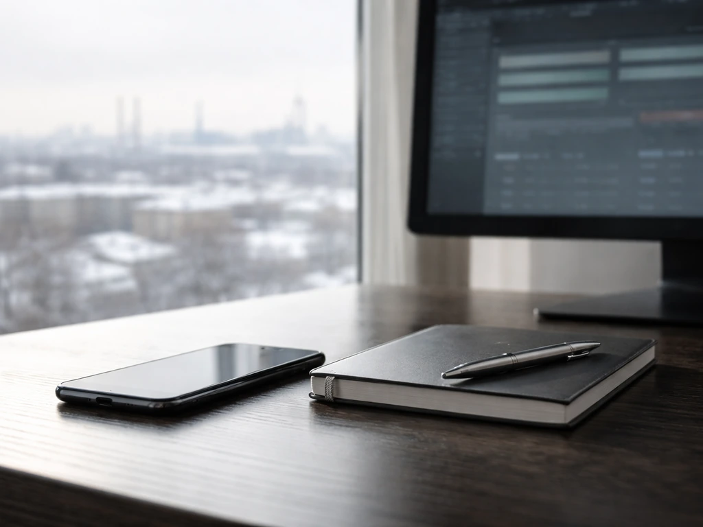 Minimal office desk with smartphone and pen, blurred finance screen, and winter industrial city view through window