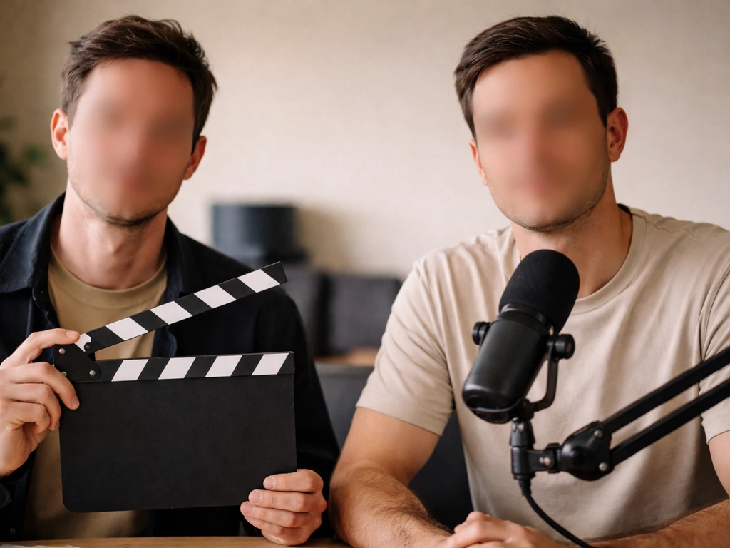Two anonymous studio scenes side-by-side: clapboard prop on one side, studio microphone on the other.