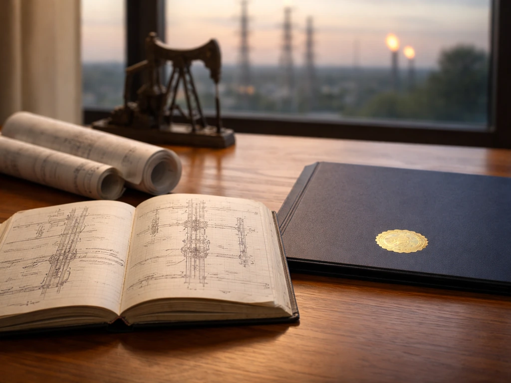 Oilfield map books and a university diploma sleeve on a desk beside an oil rig silhouette in soft light.