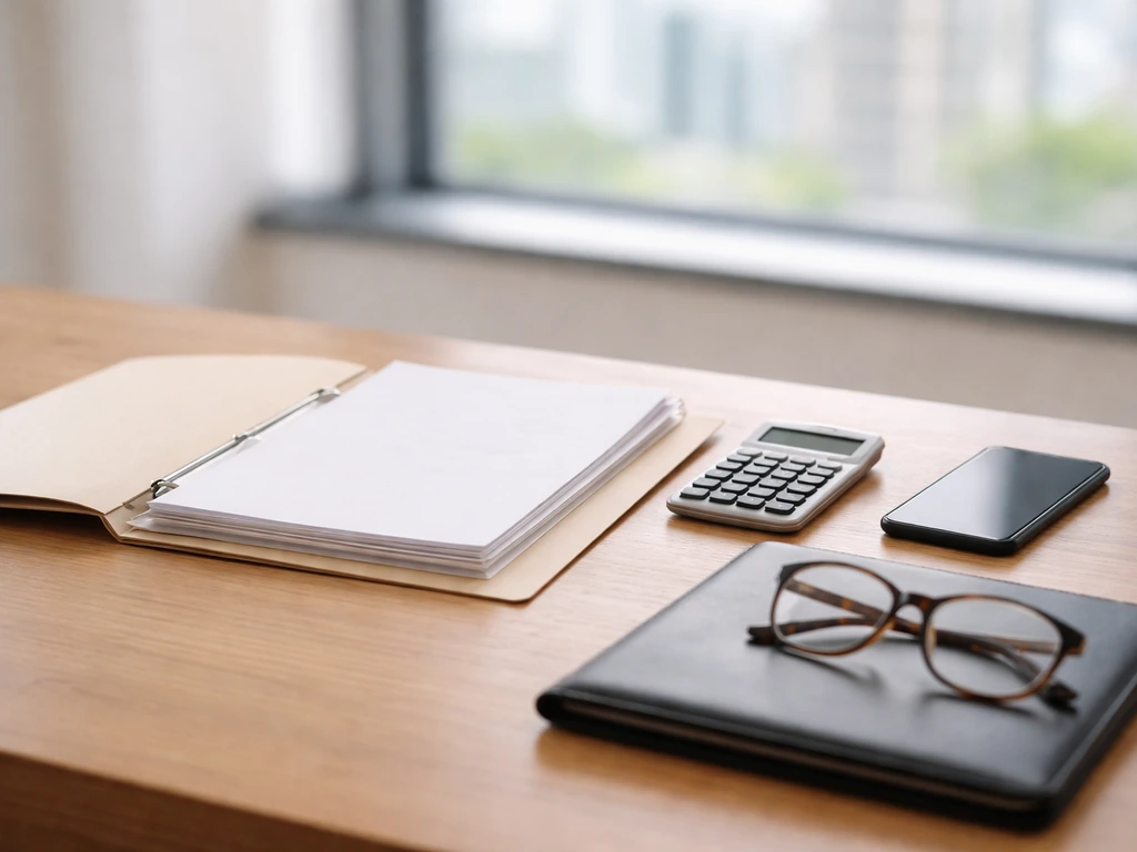 Minimal desk scene with a calculator and folder suggesting a net worth breakdown