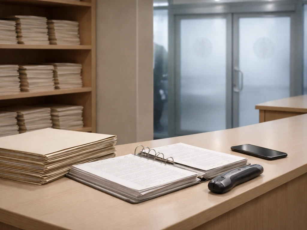Minimal office desk with blank folders and an open binder, suggesting checking government documents.