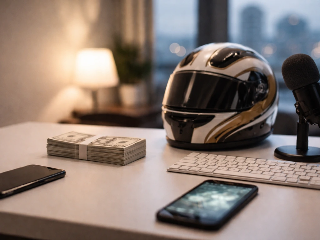Minimal studio desk with racing-themed accessories and a smartphone showing blurred finance numbers, no readable text.