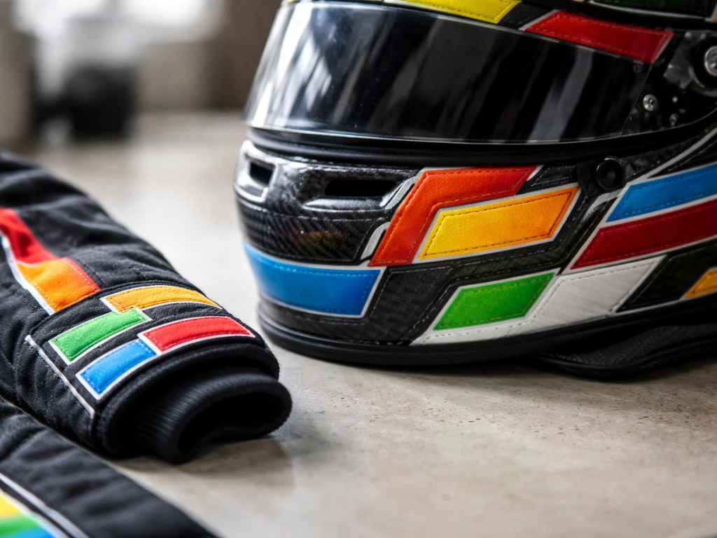 Close-up of a racing helmet and suit cuff with colorful sponsor-style patches on a workbench.