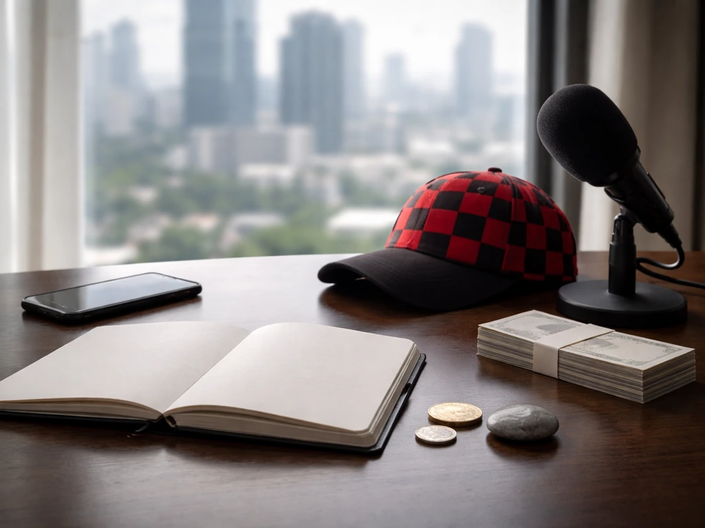 Minimal desk scene with notebook, coins, cash-like papers, microphone, and blurred city window—symbolic peaks/valleys.