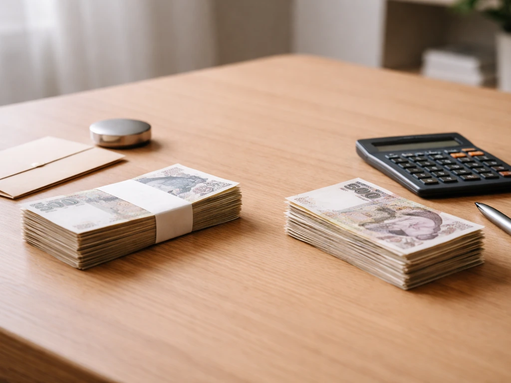 Minimal desk with two stacks of Czech koruna banknotes and office tools suggesting confirmed vs estimated.