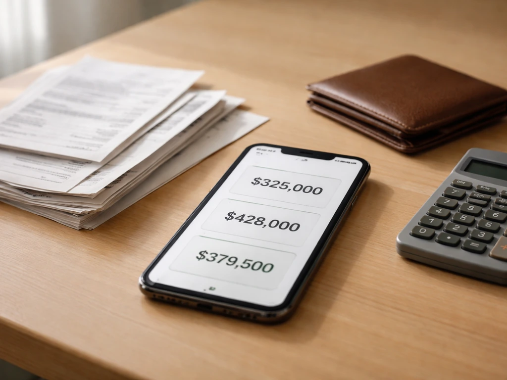 Minimal desk scene with scattered financial documents and a smartphone showing three different estimate screens