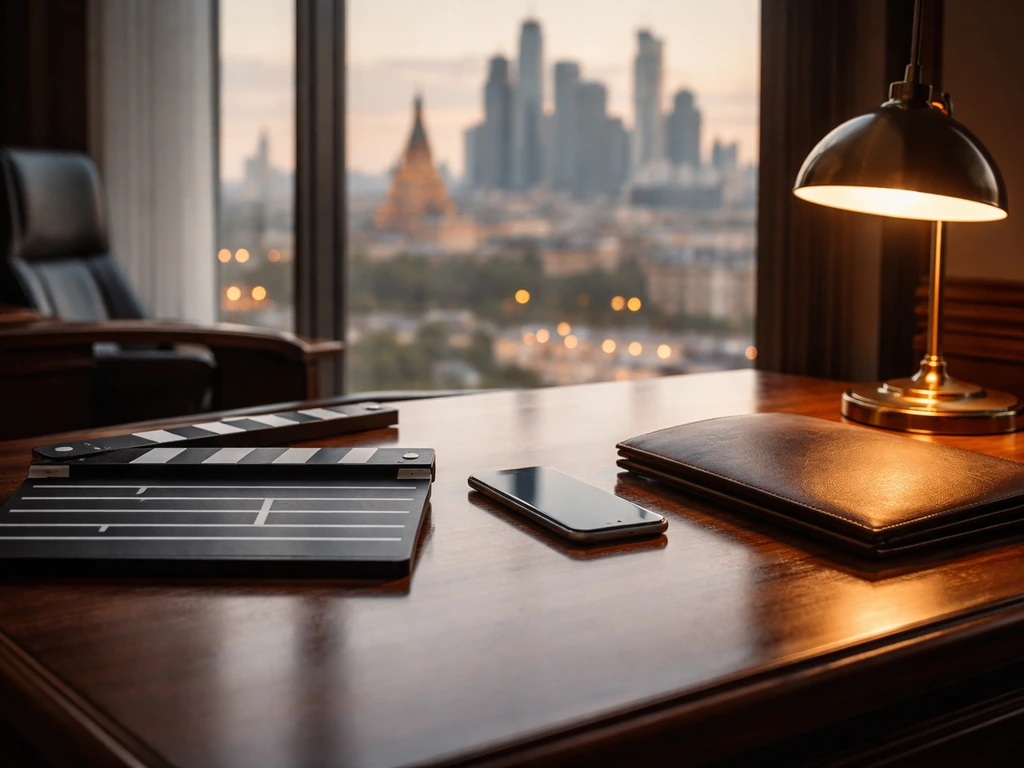 Upscale film office desk with a slate and leather portfolio under warm natural window light
