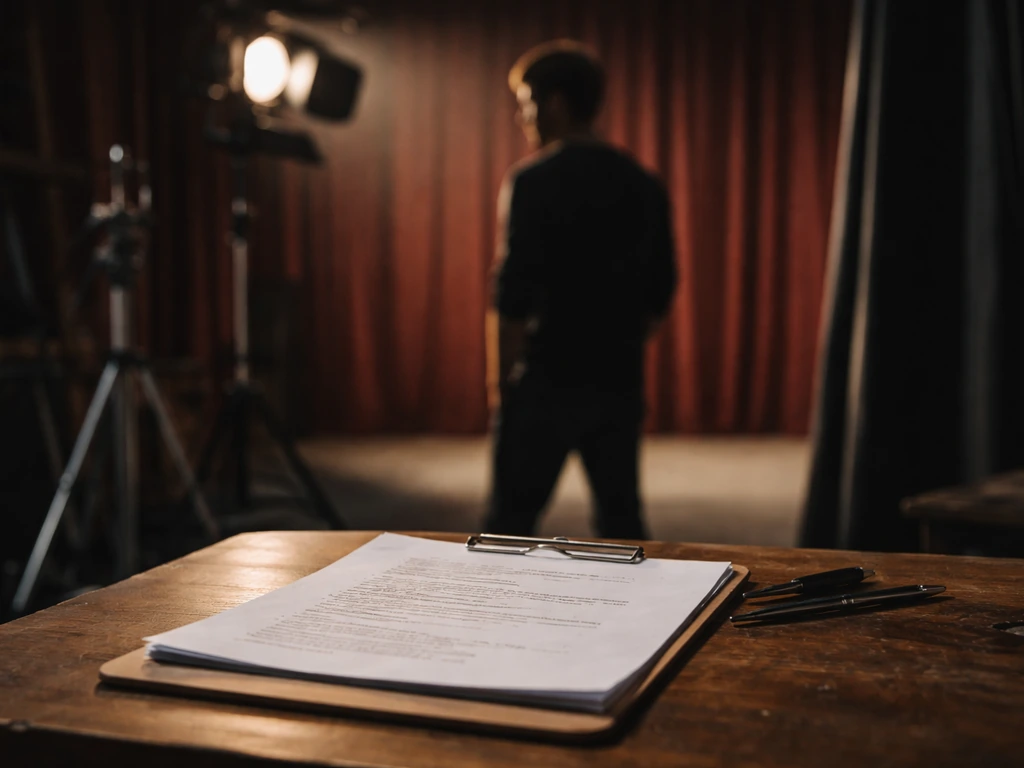 Anonymous actor silhouette on a film set near studio lights and a production table, cinematic atmosphere.