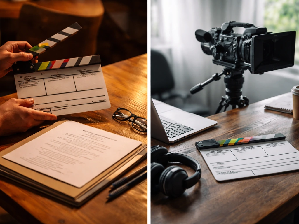 Minimal split photo: clapperboard and script on left, camera and producer tools on right.