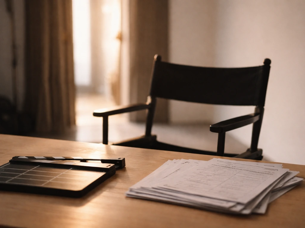 Studio table with director’s chair, clapperboard, and blank production documents in natural light.