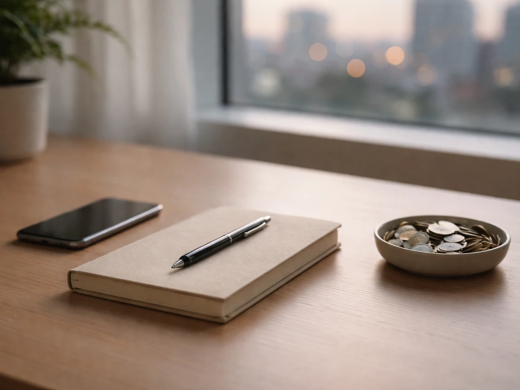Minimal photo of a tidy desk with a smartphone, notebook, and scattered coins symbolizing steady wealth growth