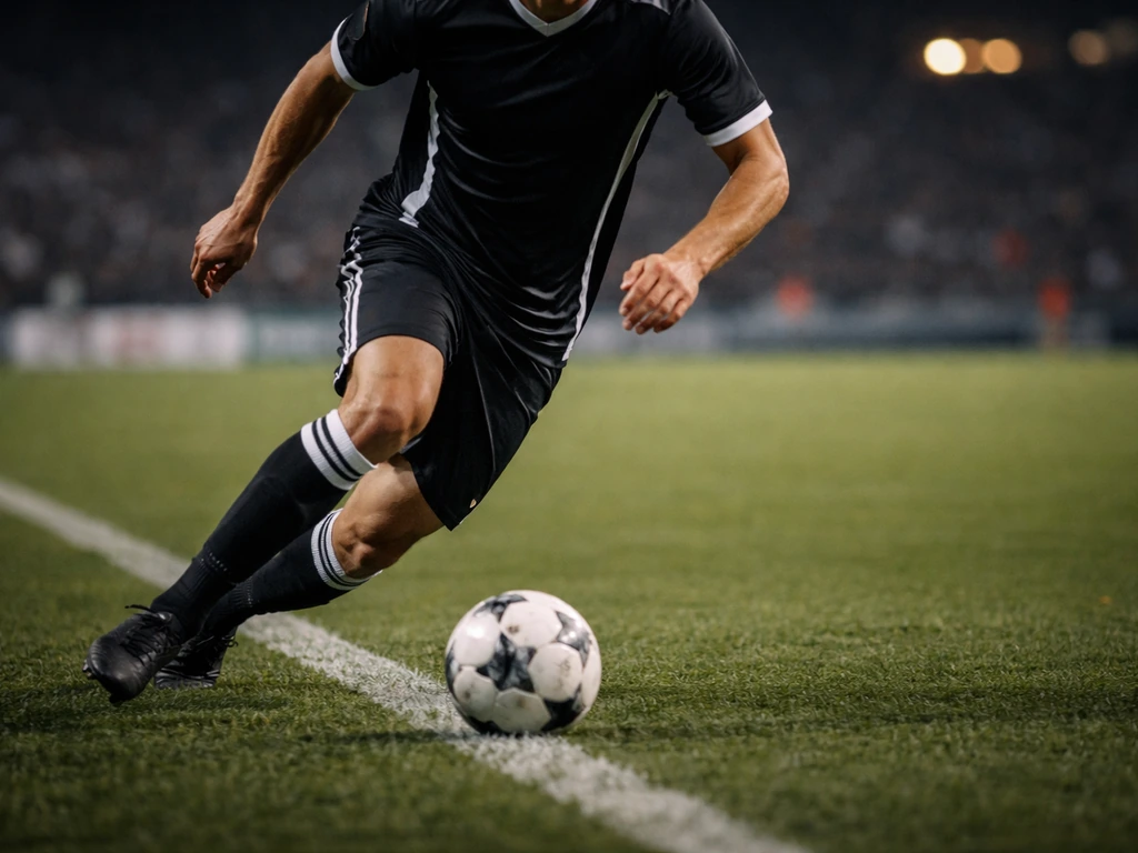 Anonymous football winger dribbling in a stadium, with the ball near his feet and blurred lights behind.