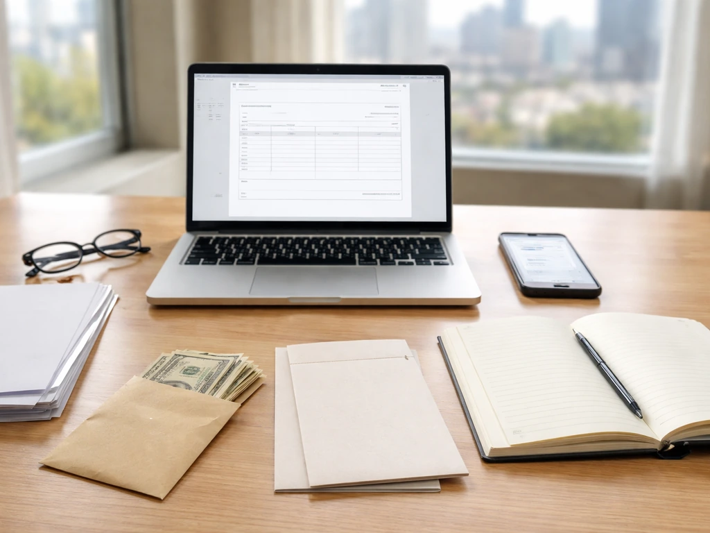 Minimal desk scene with laptop, documents, and money-themed items suggesting estimate inputs.
