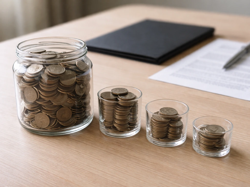 Minimal tabletop scene with one large coin jar emphasized as the biggest share of income sources.